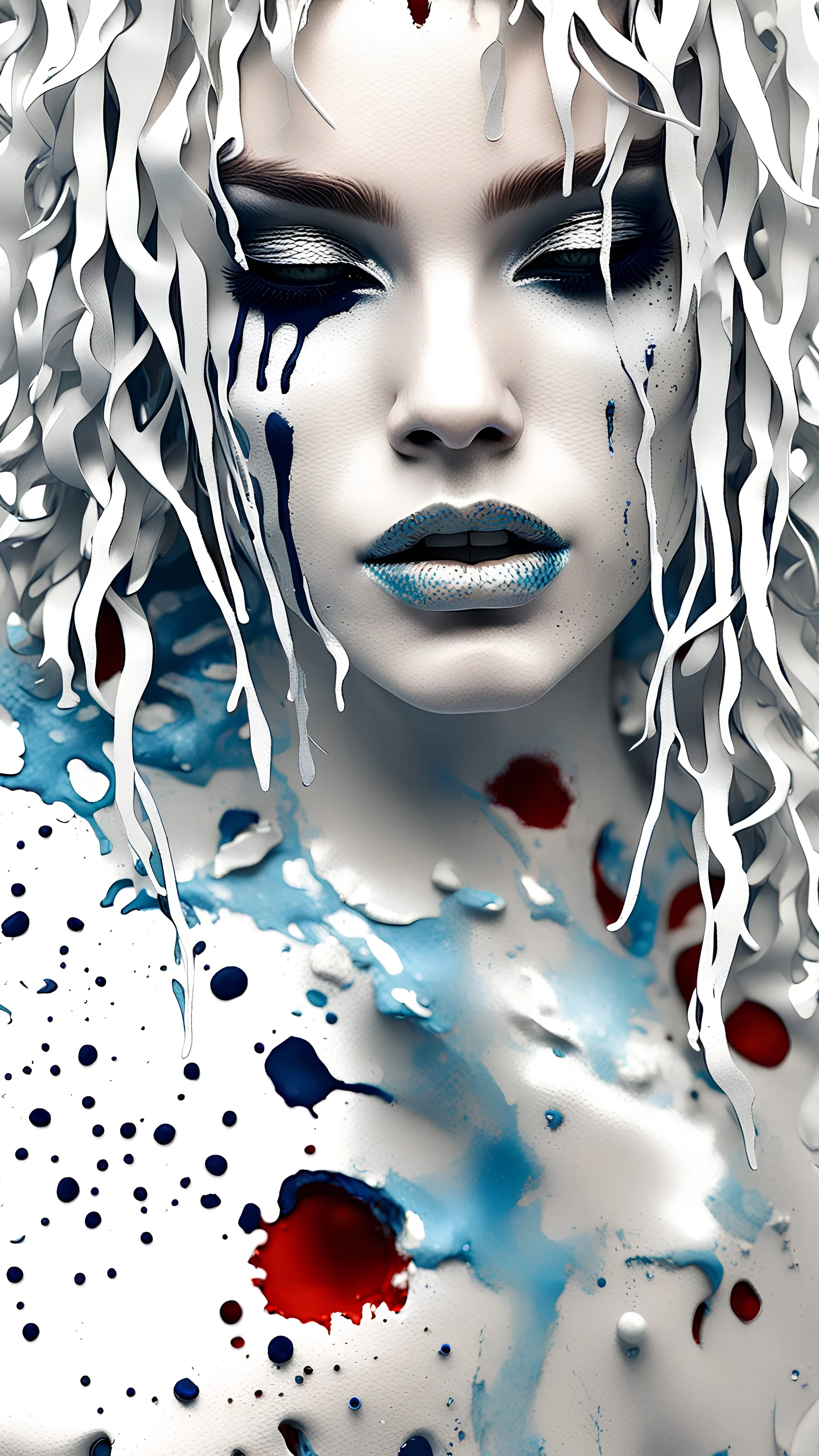 PAPERCUT 3d photo realistic portrait of young woman, dark fantasy, beautiful, dark eyes, dark make up, streaks of paint, paint blobs and smears, paint powder, textured, silver, molten metalics, wild hair, high definition, octane render, 64k, 3d