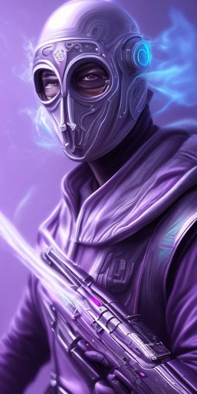 purple galaxy masked super villain, weapons in hands, teal and purple smoke, full portrait, hyper realistic, 4k