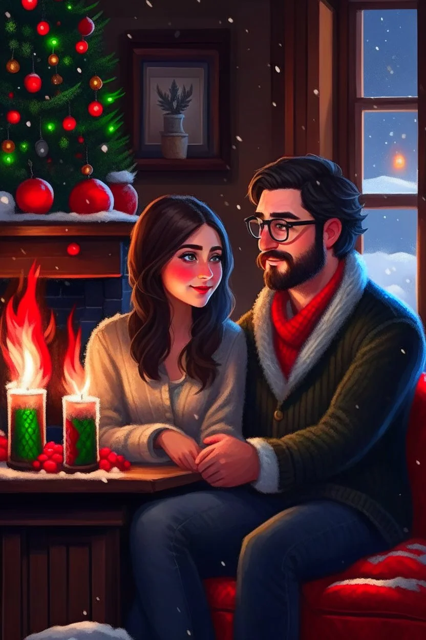 Fire place Christmas scene, dark haired couple, man with short black beard and glasses, woman with long hair, blue eyes, young couple, graphic