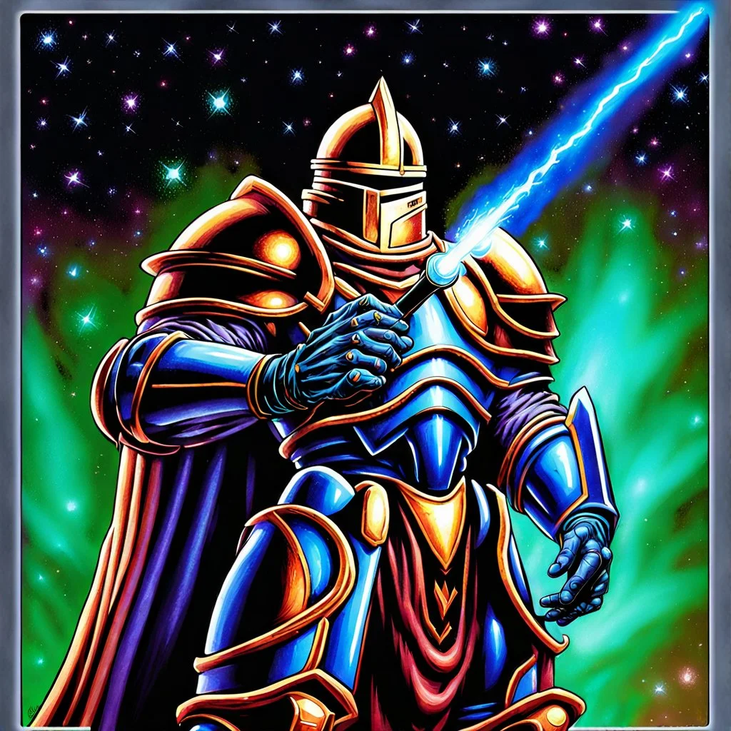 fantasy galactic knight holding glowing staff 90's tcg art 90's tcg art