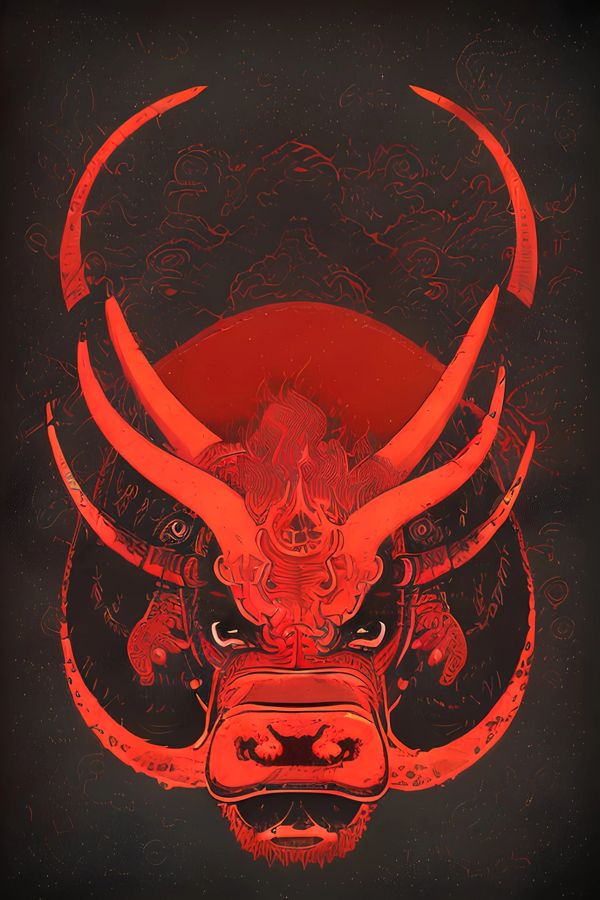 Vintage illustration of a demonic and magical bull made of red flames and fire, savage and obstreperous nature, charging down from black stormy sky, Tsuguyuki Kubo art, Topcraft, vintage storybook illustration, Beardsleyesque, ornamental, fantasy folk art, psychedelic, inspires by 70s Japanese anime, early Studio Ghibli, fantasy animation cartoon, last unicorn