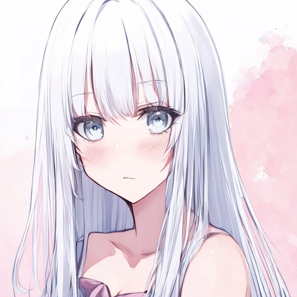 a close-up headshot of a shy young woman with long white hair, silver eyes with long lashes, slim delicate build, sickly complexion, soft, cell shaded anime style, intricately detailed, splotchy watercolor background