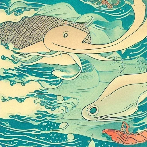 Ukiyo-e style illustration of ocean scene underwater, giant squid, high detail