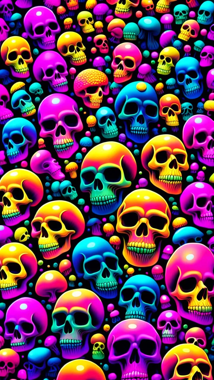 a field of 1000s of psychedelic psilocybin induced anatomically correct, skulls, vivid RANDOM BRIGHT neon colors, dark comedy, well lit, high detail, photorealistic, horrorcore, fun, scary, none featured, each a different color or hue,