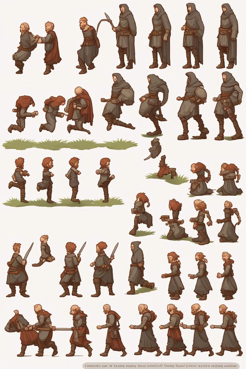 character sprite for pixel game in the medieval style side view, all position, run jump, crouch. hyper-detailed. trending on artstation. --ar 9:16