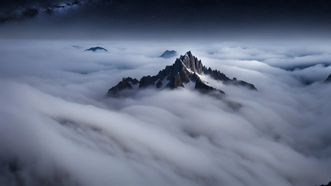 looking down from space at a sharp misty mountain cliff coming through the mist and surrounded by the mist at night starry sky