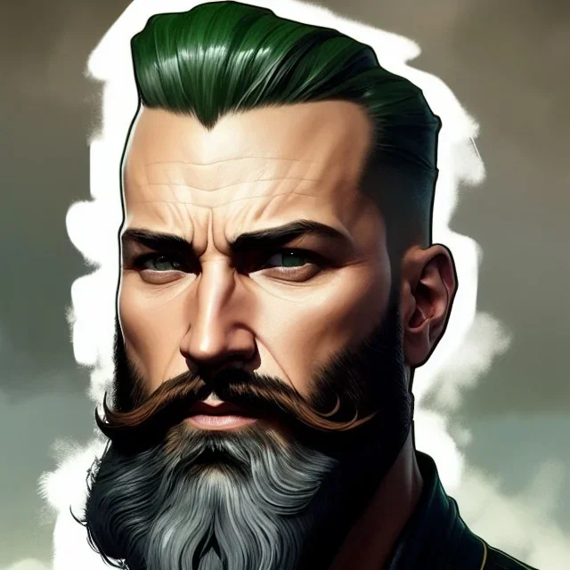 "MIddle aged white human male, with a trimmed but uneven beard, piercing green eyes with slick back hair,complete head and shoulders portrait, 8k resolution concept art portrait by Greg Rutkowski, Artgerm, WLOP, Alphonse Mucha dynamic lighting hyperdetailed intricately detailed Splash art trending on Artstation triadic colors Unreal Engine 5 volumetric lighting Splash art fantasy"