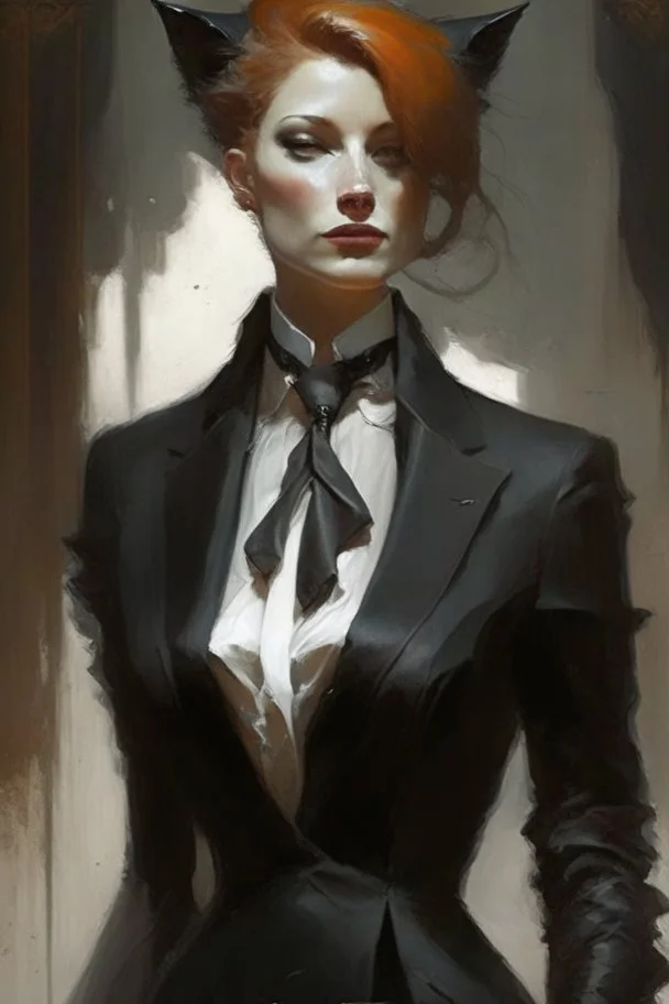 a fox in black suit,white collar neck band and court gown in the style of Aleksi Briclot, Charlie Bowater, Dean Cornwell, and Pino Daeni