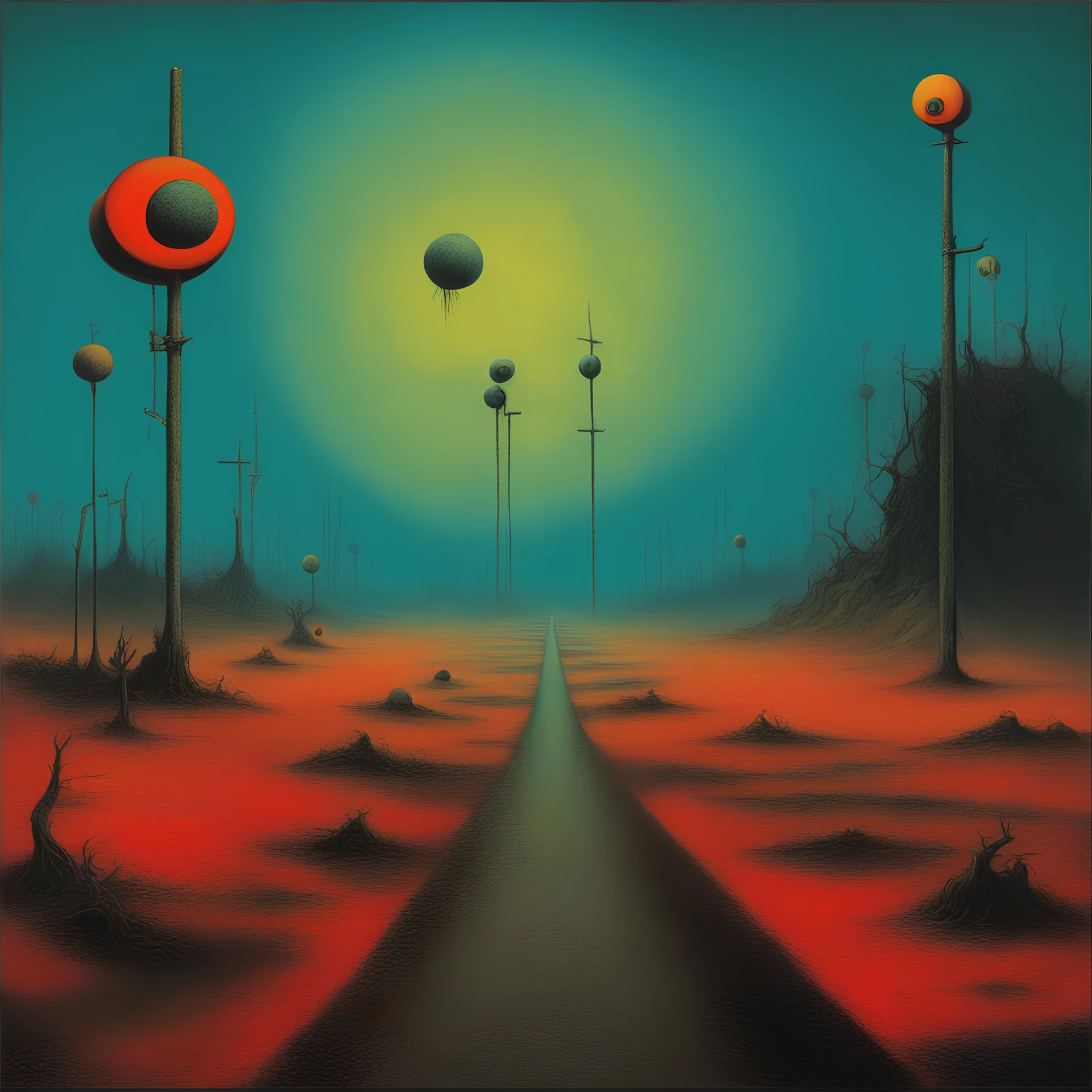 Style by Max Ernst and Joan Miro and Zdzislaw Beksinski and Wes Benscoter, bright colors, weirdcore, paradoxical sinister road crossing signs, depth of field, unsettling, asymmetric abstractions, surreal masterpiece, juxtaposition of the uncanny and the banal, creepy, never before seen art of beyond