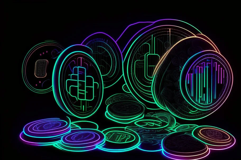 black background, outlines of a holographic graph and coins, drawn from thin neon-coloured glowing lines