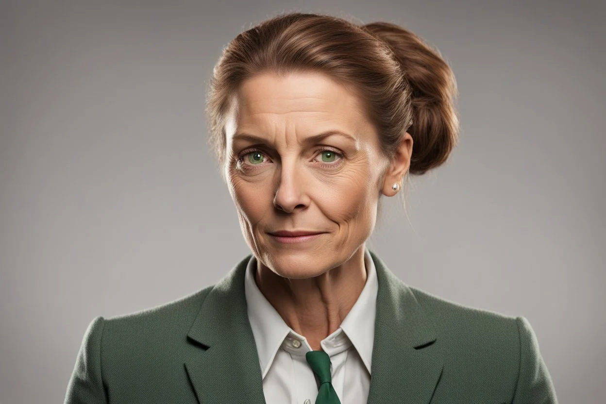 Женщина 40-45 лет с тёплым, но уставшим лицом. Каштановые волосы с проседью, собранные в жёсткий пучок (на службе) или распущенные (дома). Зелёные глаза с острым взглядом, который замечает всё, но смягчается, когда она смотрит на Кристину. Носит практичную одежду – блейзеры, брюки, значок шерифа на лацкане.