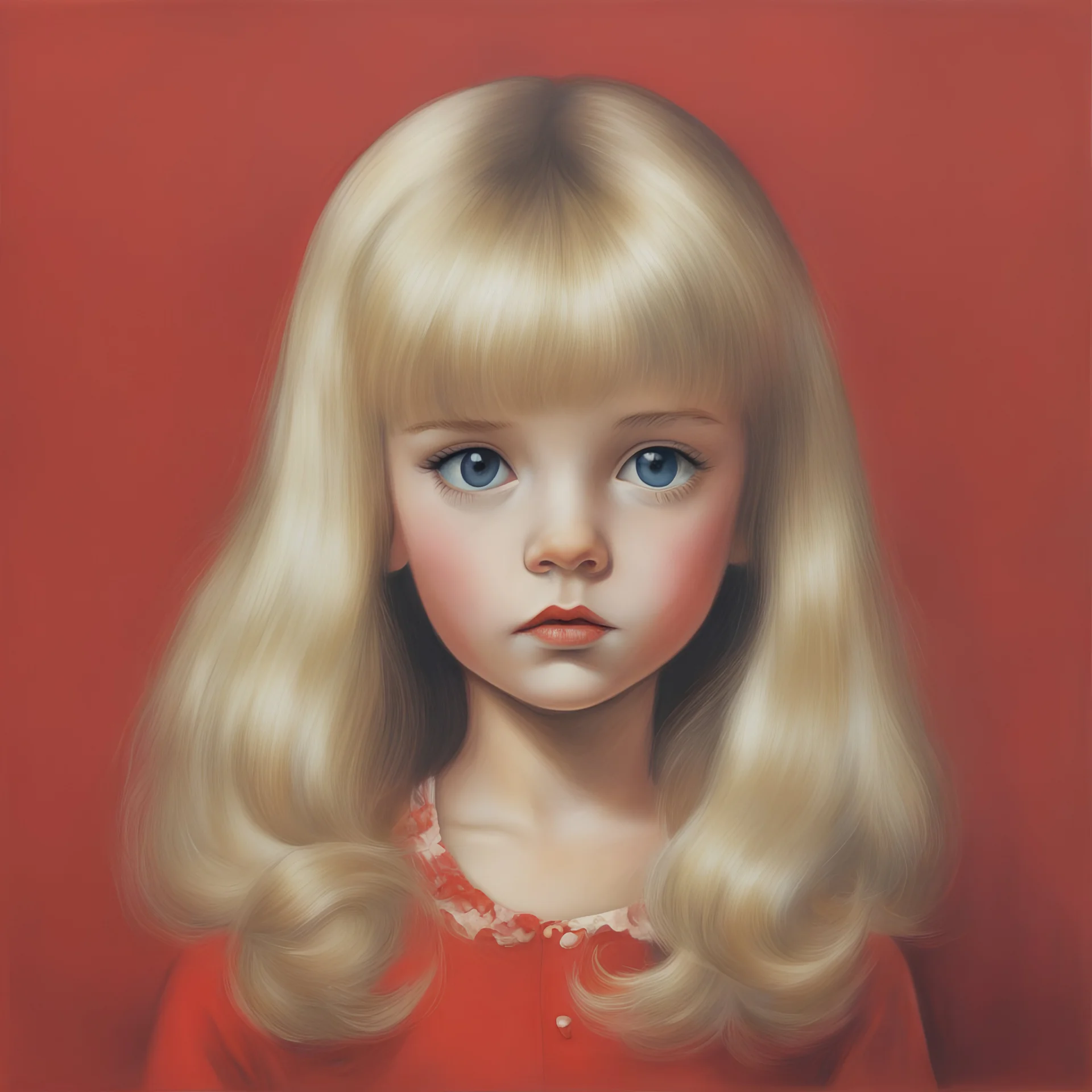 1970s, blond Little girl si in red, long hair , studio 54, , in the style of Margaret Keane