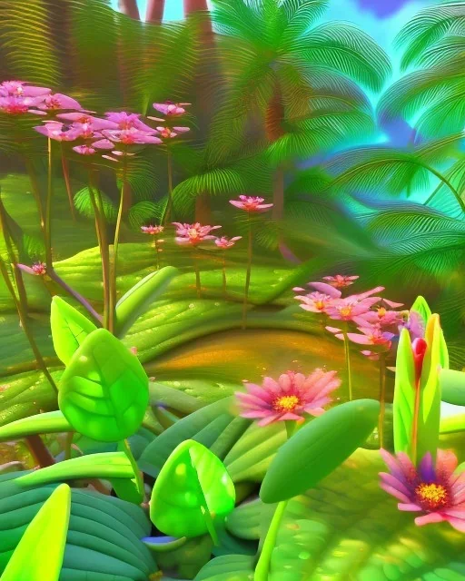 mystical venus fly trap, flowers, jungle, impressionism, soft lighting. trees in background, dragonfly,