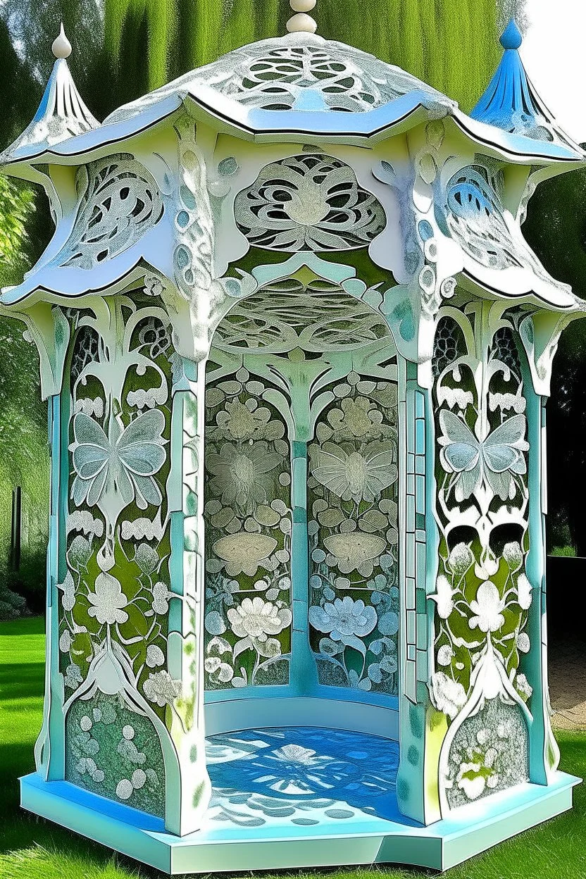 magic carved gazebo, garden, flowers, butterflies, colors: snow-white, silver, milky, mint, glaze, pearl, turquoise, cream, mother-of-pearl, dawn: sfumato, complex abstraction in the style of Dali