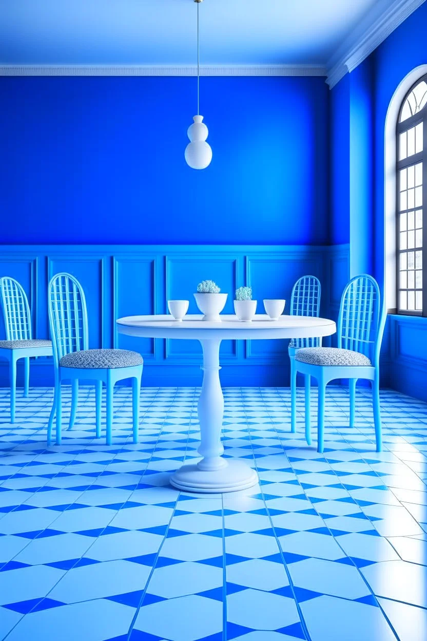 3D-shot A large, oval-shaped table in a restaurant, the color of the table is blue and white, the color of the walls is blue, and the floor color is white