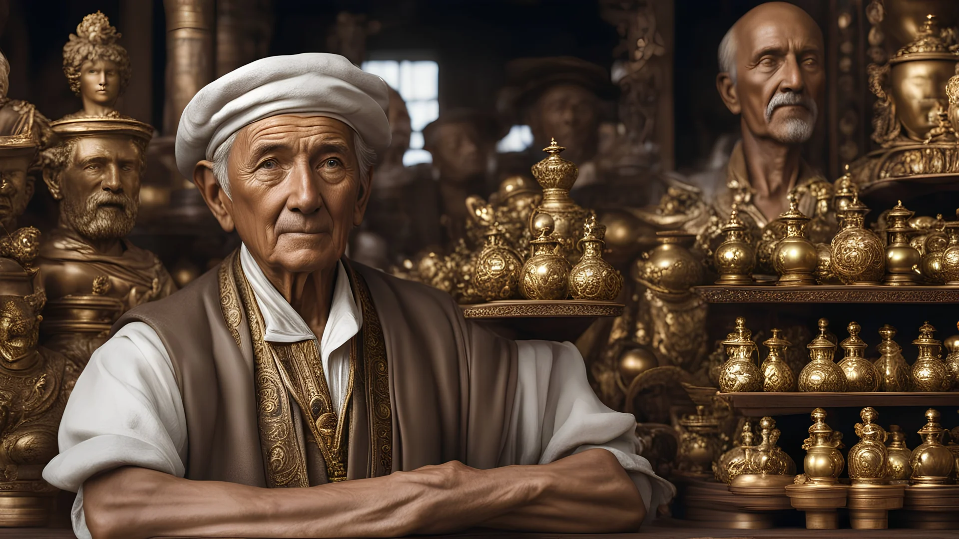 elderly male market trader selling small ornamental figurines and very detailed statuettes and statues, showing his head and upper body, perfect eyes, perfect anatomy, exquisite composition, beautiful detailed intricate detailed octane render, 8k artistic photography, photorealistic, soft natural volumetric cinematic perfect light, chiaroscuro, award-winning photograph, masterpiece, raphael, caravaggio, bouguereau