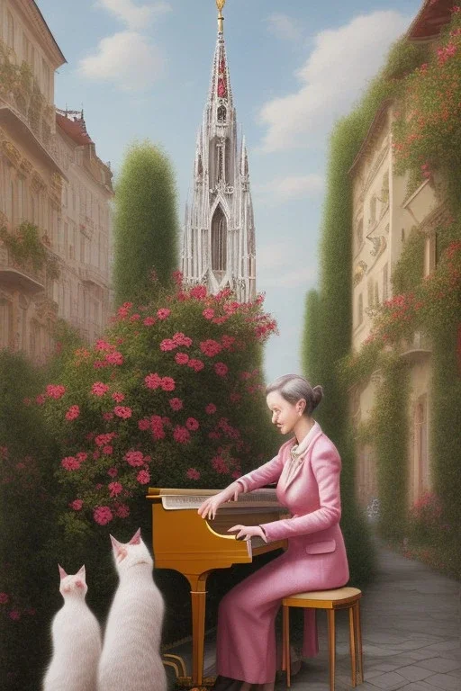 One single mature cat lady playing piano on the street, Vienna, fiacre, friendly, model style, hyper realistic, extremely accurate, delicate, extremely detailed, Graphic novel style, wide-angle, open aperture, superfine pencil