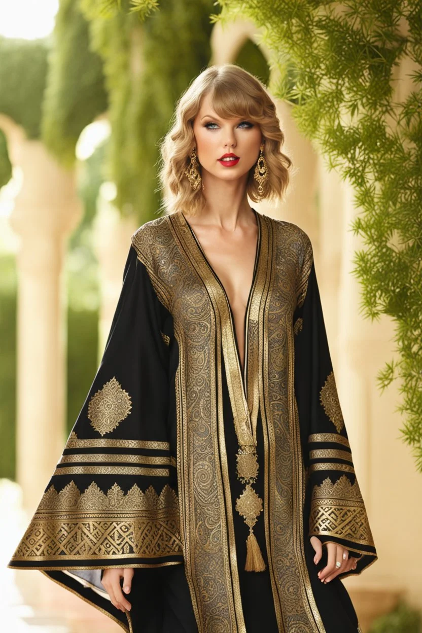 Taylor swift wearing islamic culture black Moroccan caftan 4k golden patterns high qualité