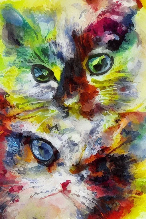 watercolor painting, happy cat, bright color,