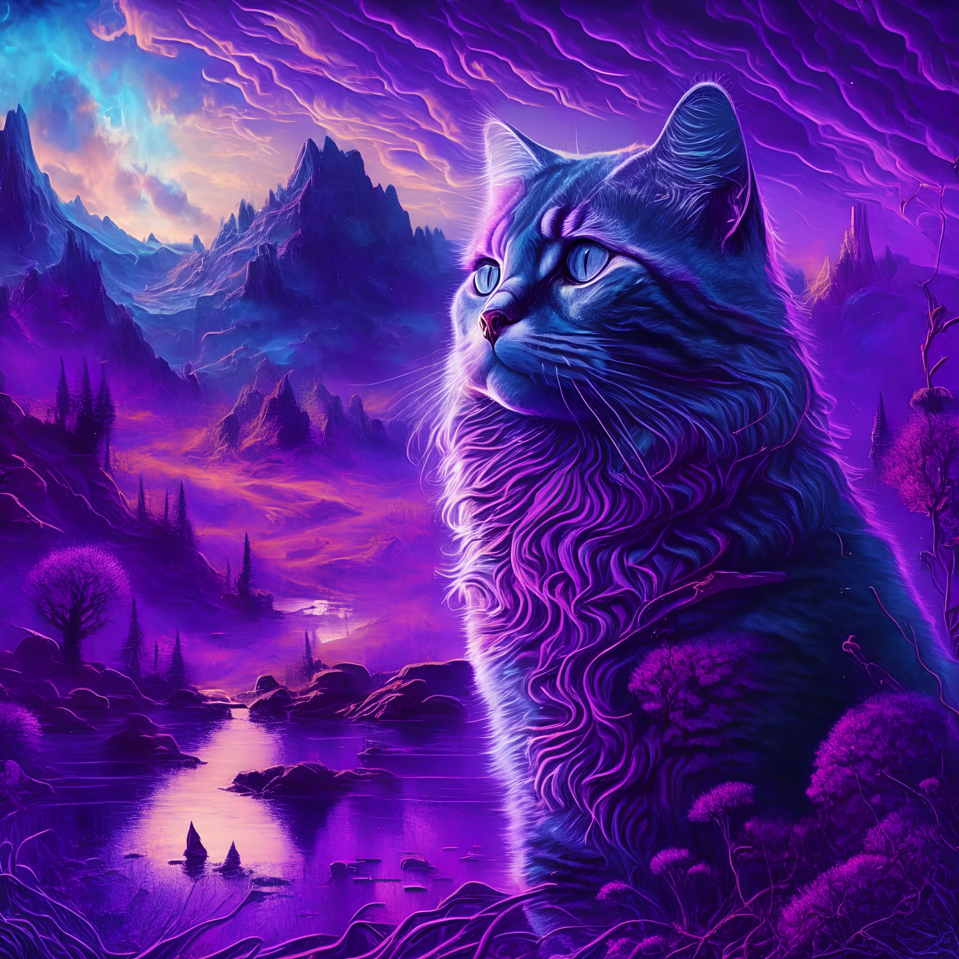 a majestic cat, psychedelic, violet tones, fantasy landscape