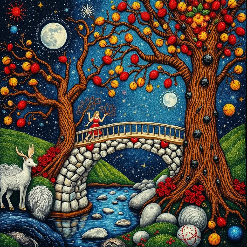 Photograph hasselblad h6d400c --ar 85:128 --v 6.0 of a fairy old bewitched bridge, tree, made of felt, art, tiltshift, 3d deep field, galaxies and planets, needlepoint, odd, smash, puff, abstract, expressionist style, colorful holiday, Gustav Klimt