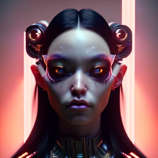 caucasian Woman, shave black hair, black eye line, samurai, cyberpunk, neon, highly detailed, art stations, concept art, smooth, unreal engine 5, god rays, ray tracing, RTX, lumen lighting, ultra detail, volumetric lighting, 3d, finely drawn, high definition, high resolution, gradient background