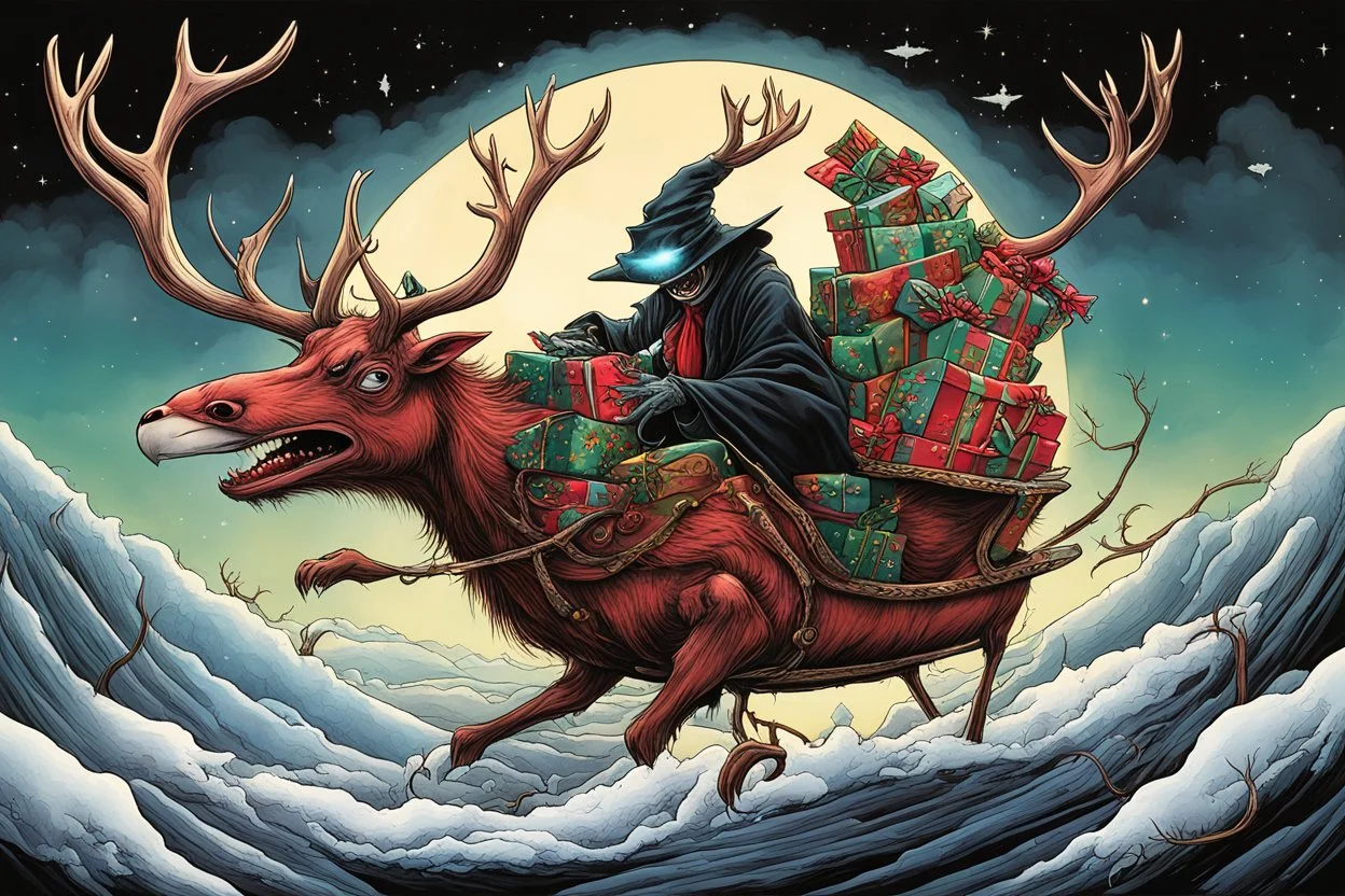 Surreal Plague Doctor Santa driving sleigh with back laded with sinister looking presents, sleigh flying through sky led by undead reindeer, Style by Gerald Scarfe, by David Wiiesner, by Jeff Soto, surreal masterpiece, color ink illustration, sharp focus, dark colors, smooth, expansive, maximalist, psychedelic