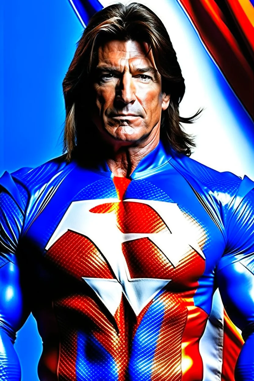 Paul Stanley/Elvis Presley/Pierce Brosnan/Jon Bernthal/Sean Bean/Dolph Lundgren/Keanu Reeves/Patrick Swayze/ hybrid, as the extremely muscular Superhero "SUPERSONIC" in an original patriotic red, white and blue, "Supersonic" Super suit with with an America Flag Cape,