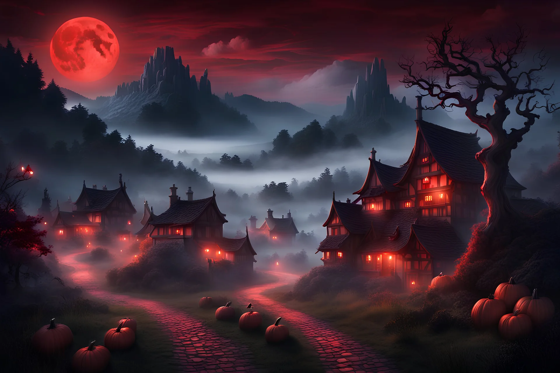 On a chilly evening of Halloween, as dusk falls, a medieval village is engulfed in a thin veil of mist. The dense clouds create a dramatic and awe-inspiring panorama under the deep red moonlight. An ancient towering pine tree becomes even more formidable in the glow of the crimson moon. A meandering path guides us towards this tranquil village, with undulating mountains on either side. The image should depict storm clouds, lightning, deep red moonlight, a majestic aged pine tree, a winding path,