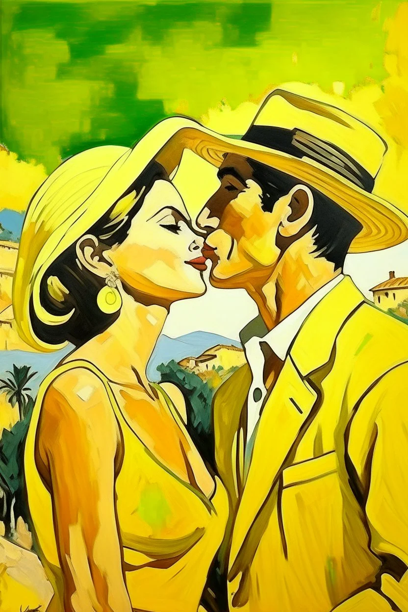 cote d'azur man and woman kissing painting neoclassism yellow