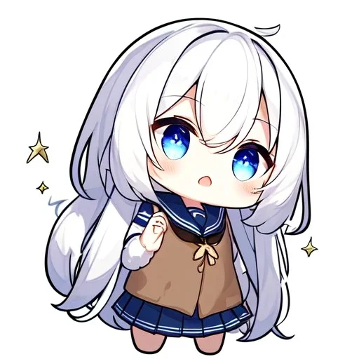 Clear focus, High resolution, long white hair, hair between eyes, straight long locks, sparkling blue eyes, wearing a sailor uniform, wearing a sailor skirt, wearing a brown vest, cute, 1girl, fluffy hair, cute, chibi, cartoon, rough line art, white background