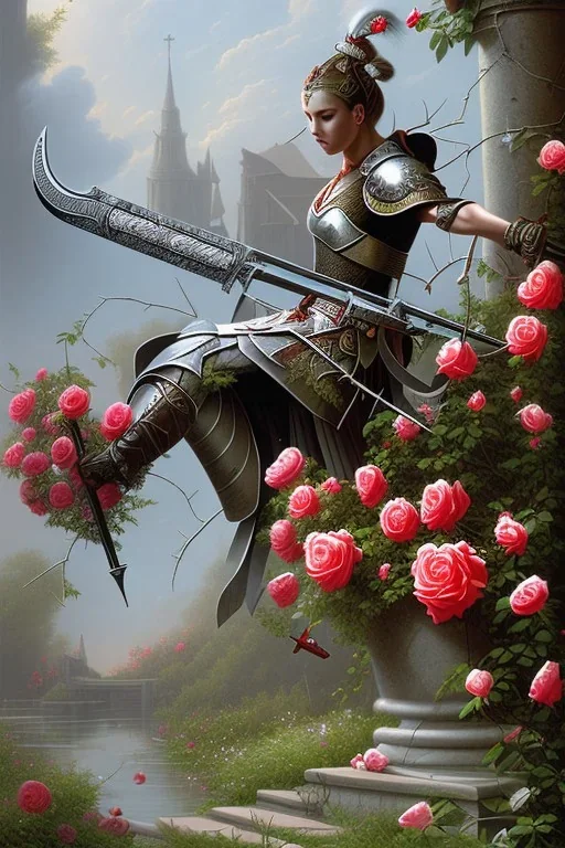 A large metal holy spear weapon covered in roses and thorns, realistic, fantasy,