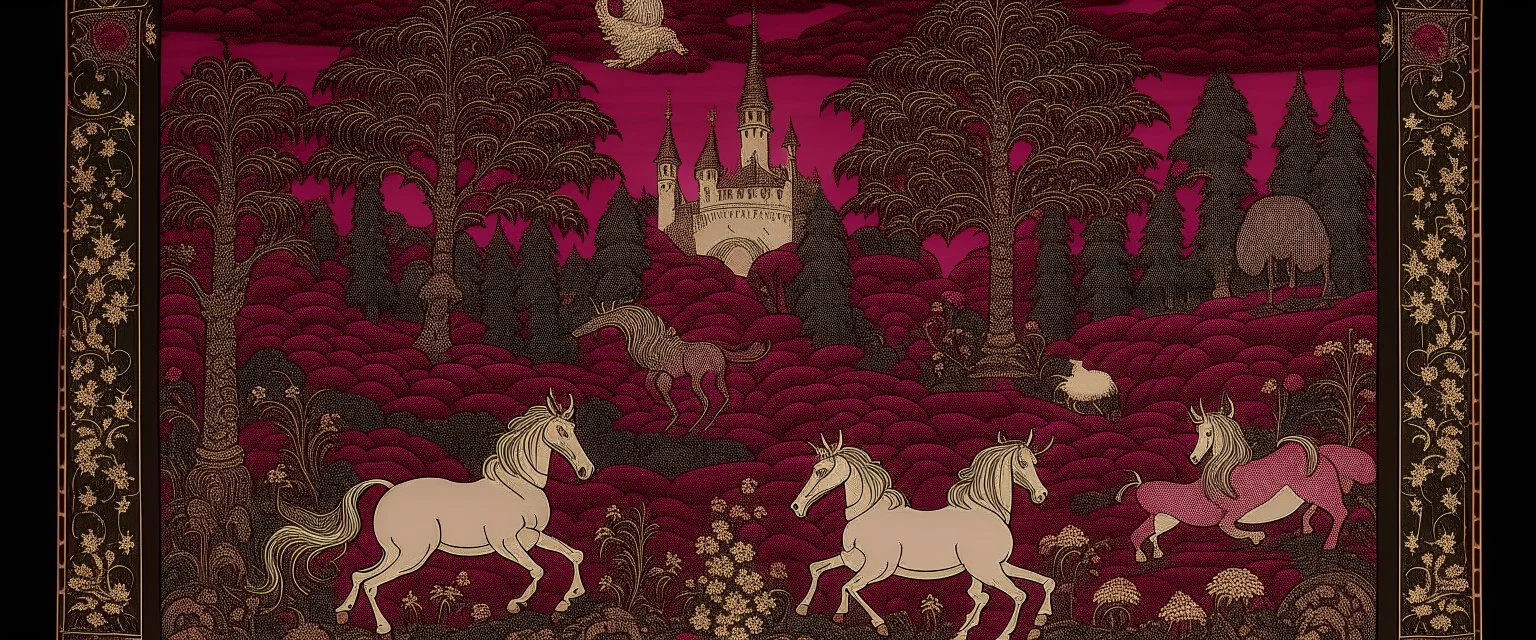 A dark magenta enchanted dominion with unicorns designed in Medieval tapestry