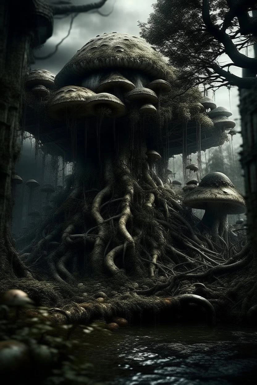 scary dark mushroom city in the forest