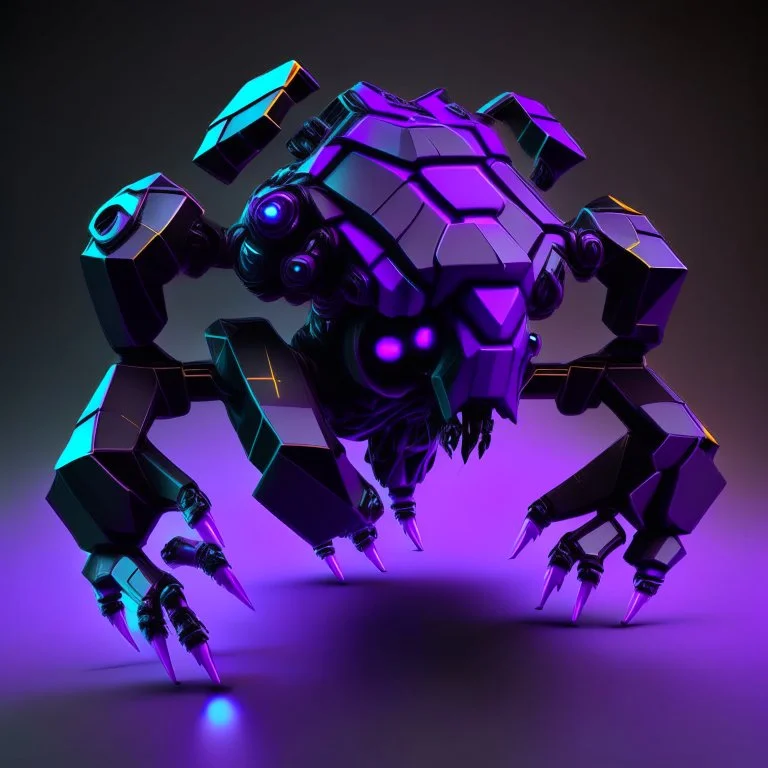 neon black and purple quadrupedal robot with a 3D hexagon head