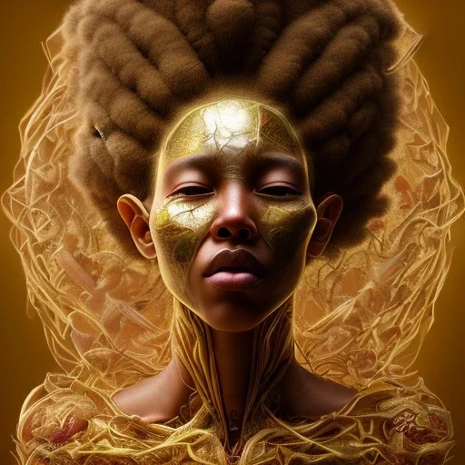 Octane render. 4K Oil painting. Fine art. Detailed. Fractal. Chakras. Sacred geometry. a brain exploding. kintsugi. Chaos. Portrait of a young black woman crying.a mind fracturing.confusion. Tears the colour of oil. Depression seeping out of her eyes nose and mouth like a oil spill.