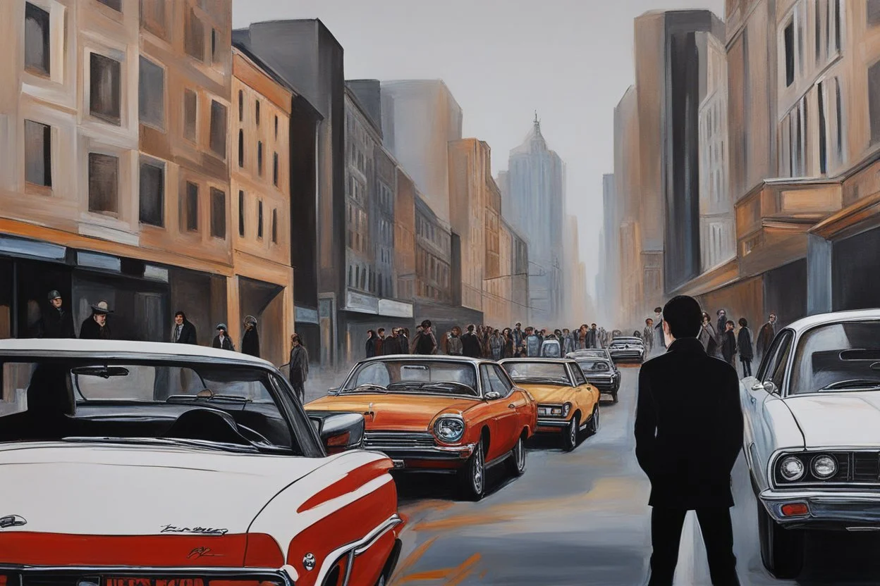 city, cars, people, gary numan influence, realistic painting