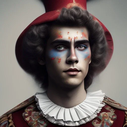 sad court jester, white face clown makeup, Dylan O'Brien, handsome, circus, jester's hat, portrait, melancholy expression, trace light, Paint spatters, muted drips, sad, sad clown face paint, thomas rollus child of light, Thomas Rollus, fantasy, anime, volumetric lighting, sun shafts, spectral, illuminated, gothic colors, modern fairy tale, high detail, red leaf tree, perfect