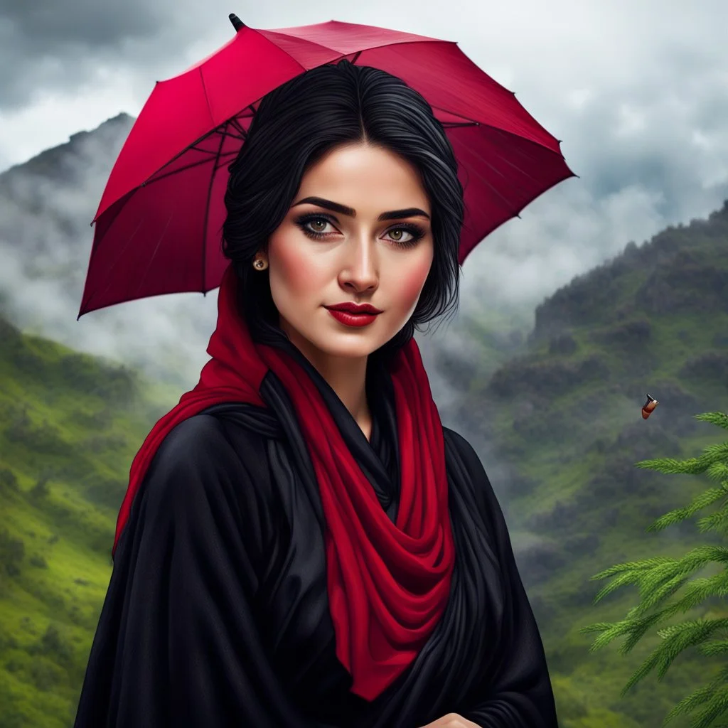 Hyper Realistic Close-Face-View-Of Beautiful Young Happy Pashto Woman With Beautiful-Black-Mascara-Eyes-&-Black-Hair Wearing Black-Frock & Black-Shawl-With-Maroon-Lace Carrying An Red Umbrella On Mountain-Top With Greenery & Breathtaking Cloudy-Rainy-Weather Showing Dramatic & Cinematic Ambiance.