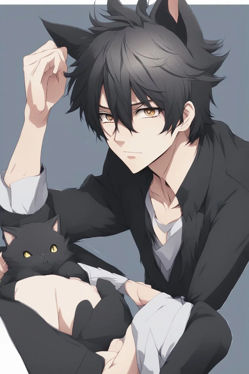 A male anime man with messy black hair, large black cat ears and tail