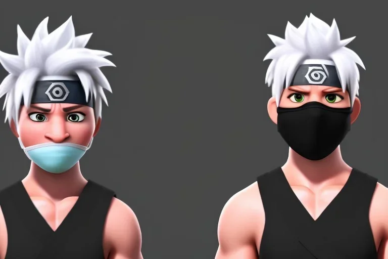 Kakashi Hatake, Shinobi, jonin, white tall hair, black face mask, black naruto leaf ninja headband, Left eye red, Green military-style vest, white hair, anbu black ops