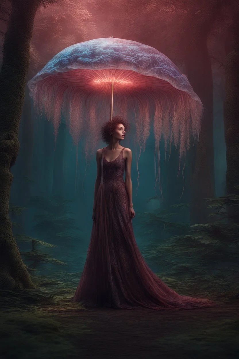 tall slim woman in a dress, in a forest, holding an umbrella made from a jellyfish, detailed matte painting, deep colour, fantastical, intricate detail, complementary colours, fantasy concept art, 8k resolution, Unreal Engine 5