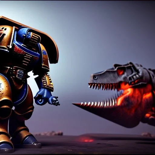 Space marine wearing heavy armor and shooting dinosaur, 8k, unreal engine 5,high res.