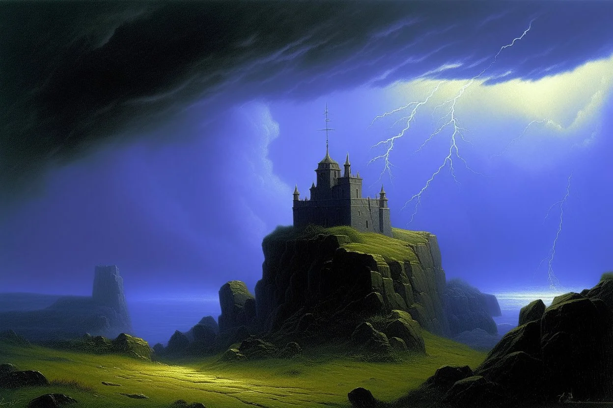 A purple castle in a thunderstorm painted by Caspar David Friedrich