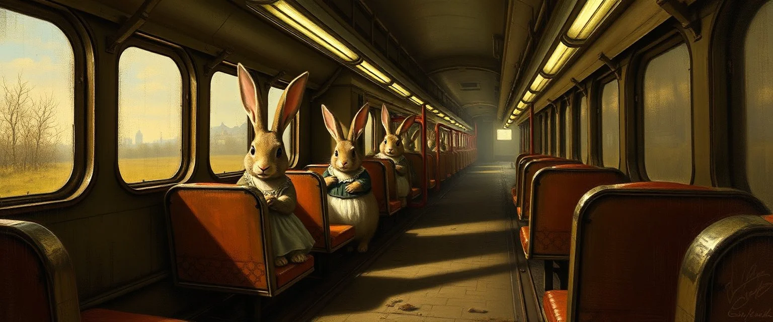 get aboard the rabbit train in the style of Rembrandt and Fallout 4