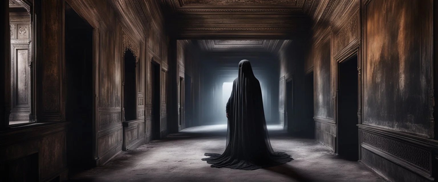 Hyper Realistic transparent black ghost between a huge dark hallway of a historical Indian palace with peeling wall paints at night