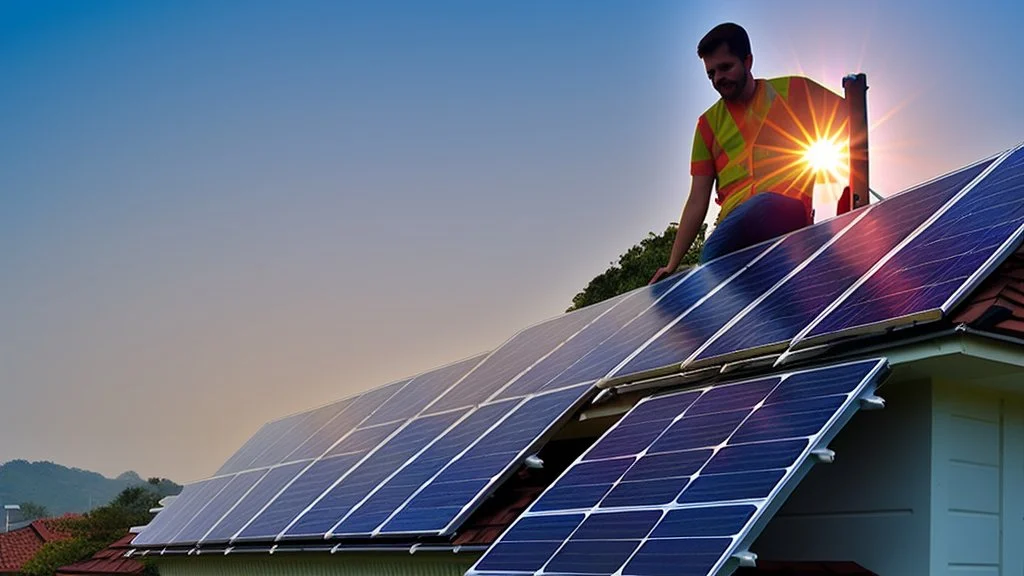 solar panel installation by 2 - 3 guys on the roof of a house, panoramic view