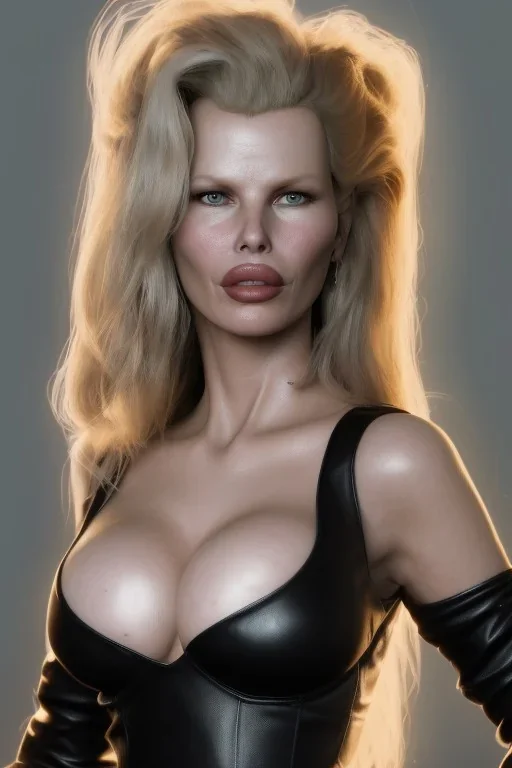 Kim Basinger in black leather gown, evil,energetic, villain, busty, cleavage, curvy, angry, happy, stern look. character design by cory loftis, fenghua zhong, ryohei hase, ismail inceoglu and ruan jia. unreal engine 5, artistic lighting, highly detailed, photorealistic, fantasy