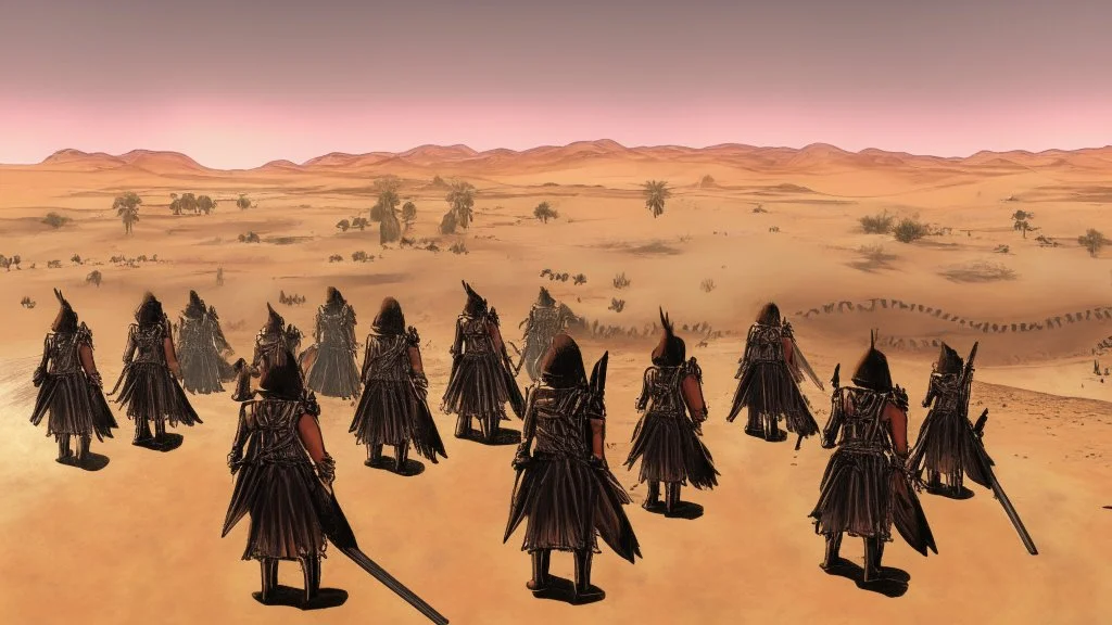 desert, highly detailed, comic style warriors from behind, in the background far away a city