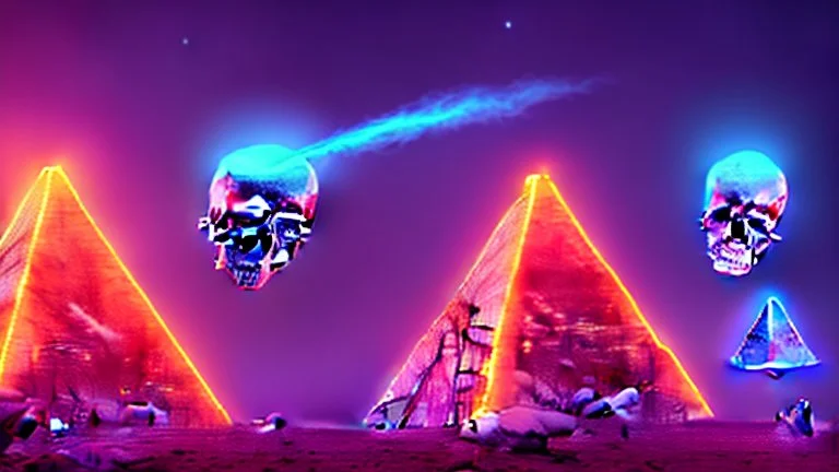 anatomically correct human skulls stacked into a pyramid, unusual neon lighting, high velocity, 64k, dystopian, vray, steampunk